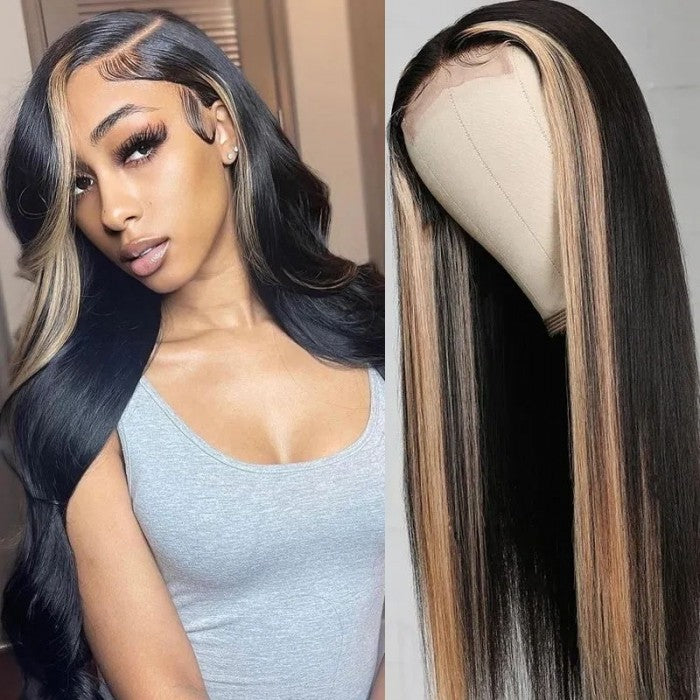 Bangsontarget Lace Frontal Wig Straight Skunk Stripe Wig with Honey Blonde Highlight Wig